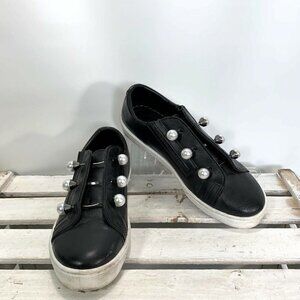Bata Shoes Sneakers Women 37 Memory Black Leather Faux Pearl No Tie Laces US 6.5